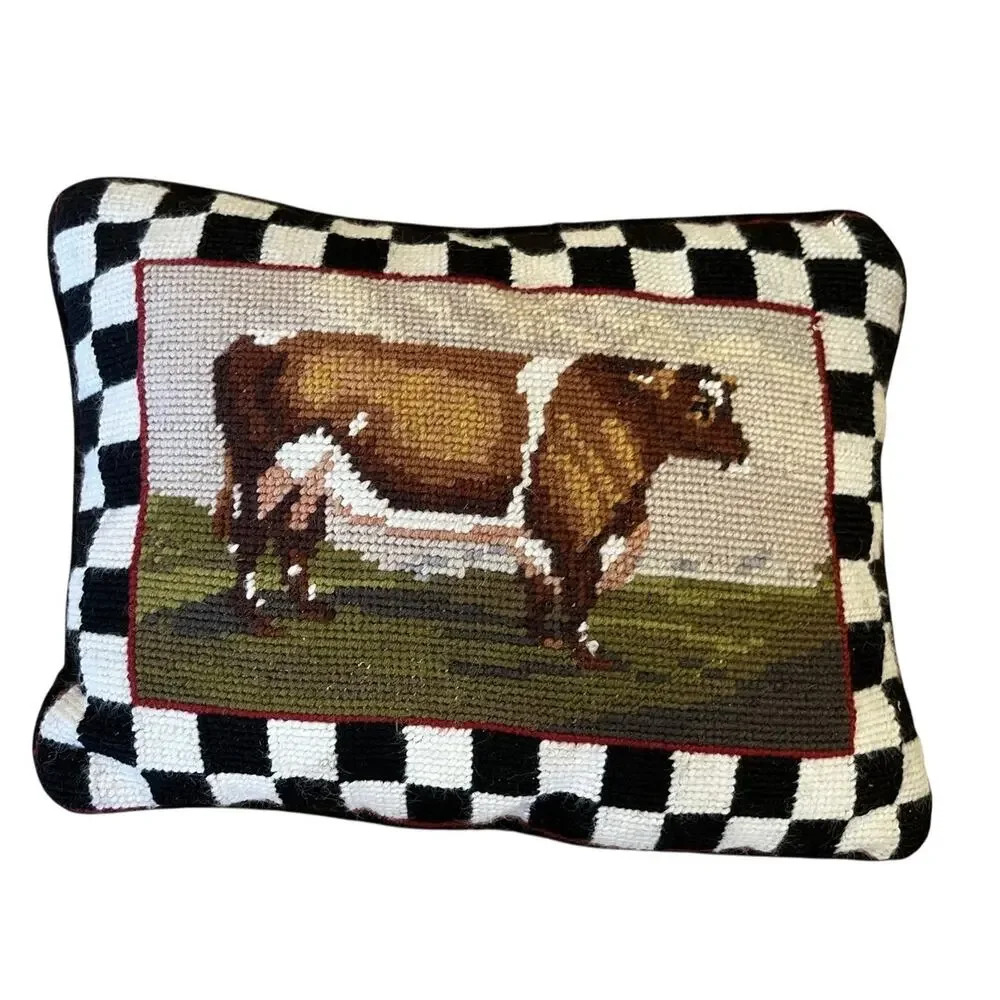 VTG Needlepoint Throw Pillow Cow Farm Cottage Checkered Velvet Small 11.5 x 6.5”